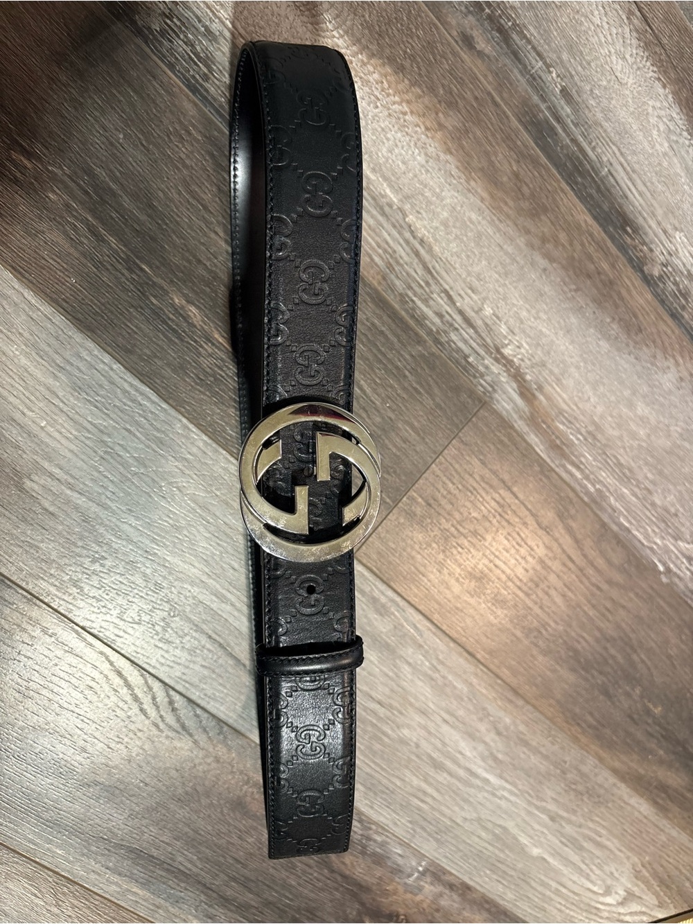 Authentic Gucci Black Guccissima Leather Silver Interlocking G Buckle Belt - Picture 9 of 11